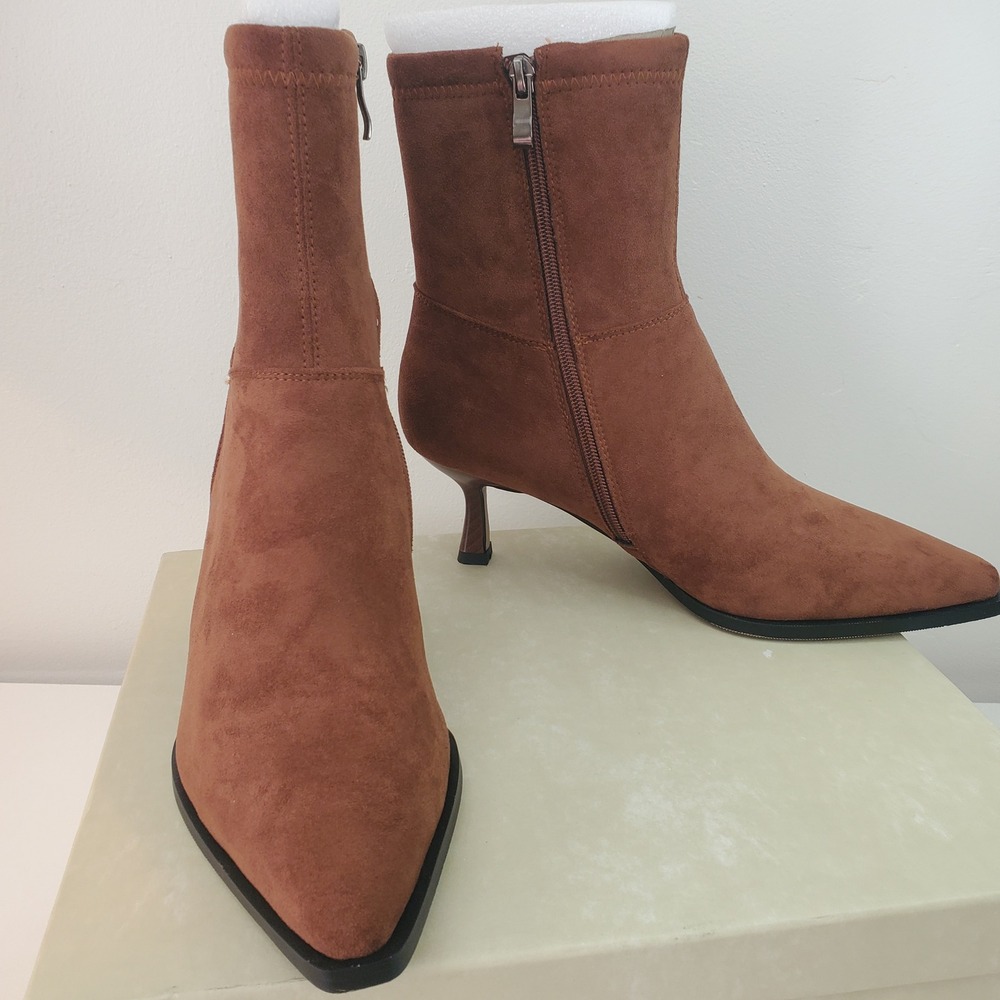 Cognac Brown Faux Suede Pointed Toe Kitten Heel Ankle Boots Size 8 D509-1331-2